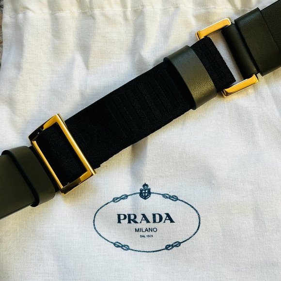 FREE SHIP Auth PRADA Olive / Military Green Leather Belt with Gold Logo Buckle - Picture 4 of 5
